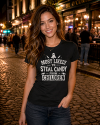 Load image into Gallery viewer, "Most Likely to Steal Candy from Children" Women's Funny Halloween T-Shirt